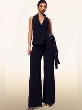 PrettyLittleThing Black Sleeveless Tailored Wide-Leg Jumpsuit with Belt